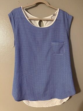 New York & Company Blue Micro-Check Layered Tank with White Trim